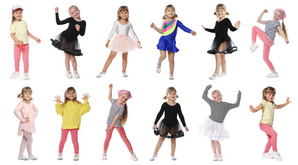 Obraz premium Happy children dancing on white background, collage