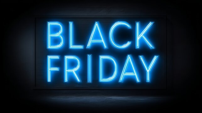 Ignite massive sales with this stunning, dynamic blue neon "BLACK FRIDAY" sign glowing intensely in a modern, dark retail space, perfect for promotional campaigns and exciting offers.