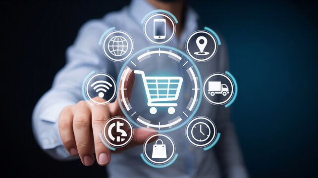 A person touching a digital interface with e commerce icons surrounding a shopping cart icon