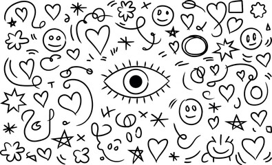 Playful Doodle Background Featuring Hearts Stars Smiles and a Mystic Eye