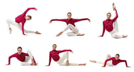 Obraz premium Woman doing gymnastic exercises. Collage on white background