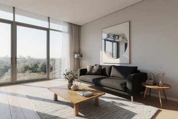 Fototapeta premium Living Room With Sofa and Table Home Interior Design, 3d Render Real Room Template, Wall Mockup