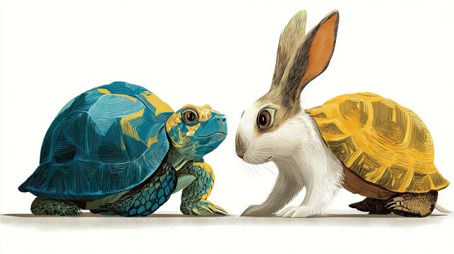   A rabbit sitting beside a tortoise atop a tortoise atop a turtle's back