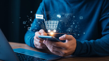 Person using smartphone with shopping cart and sale icons overlayed for online shopping concept