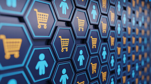 A digital representation of online shopping with blue and gold icons in a hexagonal grid pattern
