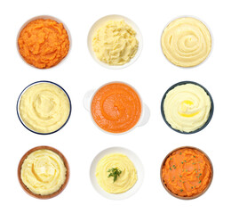 Mashed food texture. Different products isolated on white, set. Top view