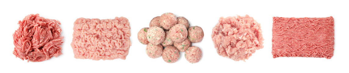 Minced mashed food texture. Different types of forcemeat isolated on white, set. Top view