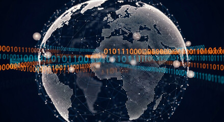 Digital earth globe with binary code overlay representing global data and connectivity network