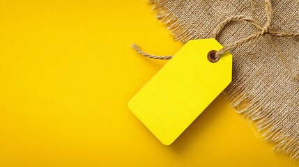 Vibrant yellow blank tag tied with rustic twine on textured burlap over bright background, perfect for sale announcements or product labeling.