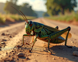 Grasshopper Illustration on Dirt Road &ndash; Detailed Insect Drawing in Natural Setting