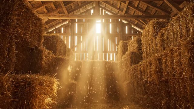 Sunlight rays piercing through rustic barn filled with stacked hay bales. Golden beams illuminate wooden interior of rural farm structure. Documentary footage of agricultural serenity.