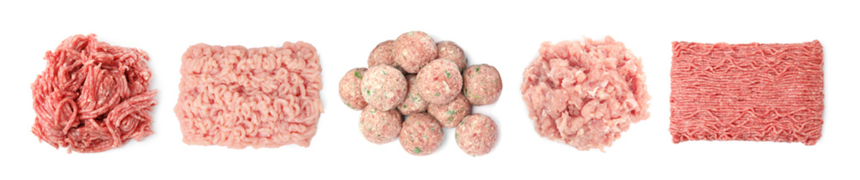 Minced mashed food texture. Different types of forcemeat isolated on white, set. Top view