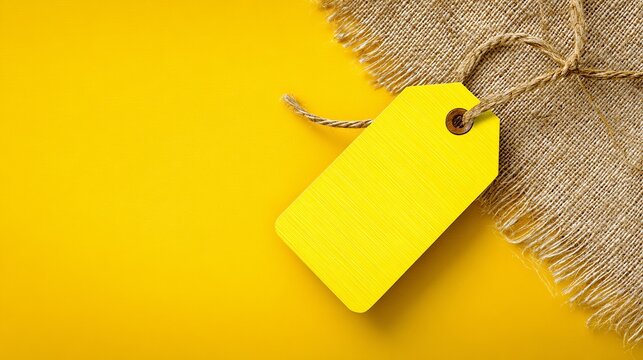 Vibrant yellow blank tag tied with rustic twine on textured burlap over bright background, perfect for sale announcements or product labeling.