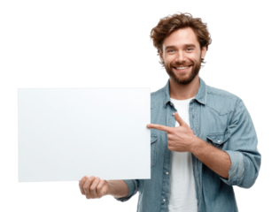 PNG Smiling man holding blank sign.