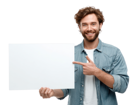 PNG Smiling man holding blank sign.