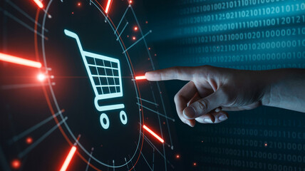 A finger pointing at a shopping cart icon with digital background and red light effects around it
