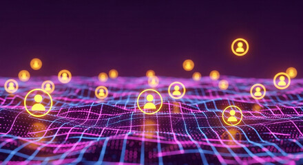 Network of people icons floating above a grid with purple and blue lines on a dark purple background