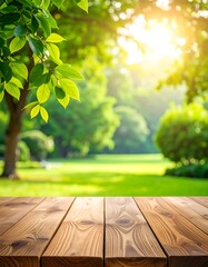 Wooden table with green foliage, sunshine, and blurry background