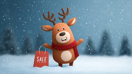 Joyful cartoon reindeer with red scarf holding a 'Sale Friday' shopping bag in a snowy winter wonderland scene, perfect for holiday promotions.