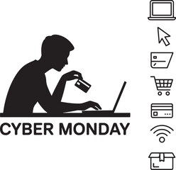 Naklejka premium Cyber Monday Online Shopping with Person Using Laptop and Payment Icons Vector Illustration