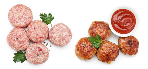 Meat patties isolated on white, collage. Raw and roasted cutlets