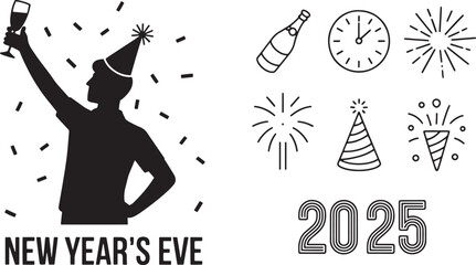 Fototapeta premium New Year's Eve celebration silhouette of person toasting and festive icons for countdown 2025