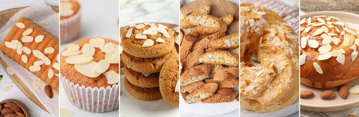 Different tasty pastry with almond, collage. Cake, muffin, cookies and buns