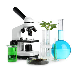 Modern microscope with flasks of samples, sprouts and soil isolated on white background