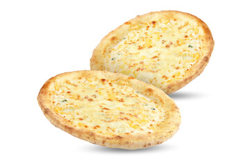 Delicious pizzas with cheese in air on white background
