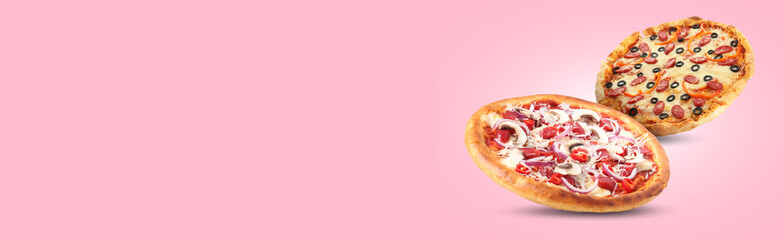 Different delicious pizzas in air on pink background. Banner design with space for text