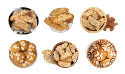 Tasty almond biscuits and cookies isolated on white, set. Top view