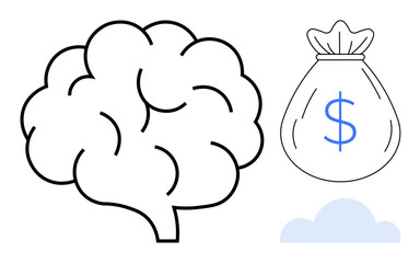 Brain sketch linked to money bag with dollar sign symbolizing innovation, financial growth, and intellectual wealth. Ideal for finance, creativity, business strategy, investment, education