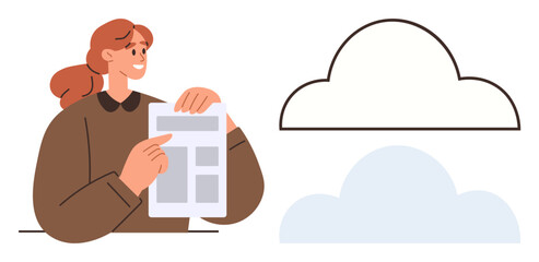 Woman holding a document and pointing at its content, next to cloud outline. Ideal for technology, data security, organization, cloud storage, digital workflow, teamwork education. Simple flat
