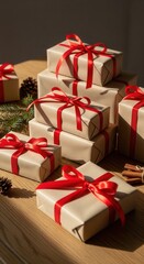 Obraz premium Stack of elegant gift boxes wrapped with red ribbons on wooden table in natural light surrounded by pine cones and greenery, ideal for festive holiday advertising and cozy winter decor projects.