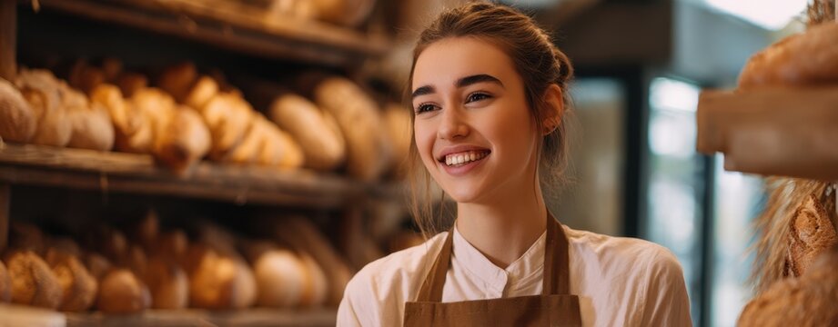 The baker smiling behind shelves of fresh artisan bread in a cozy bakery
