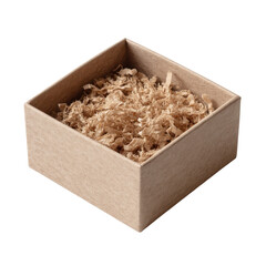 Brown Square Box with Wood Shavings on White Background