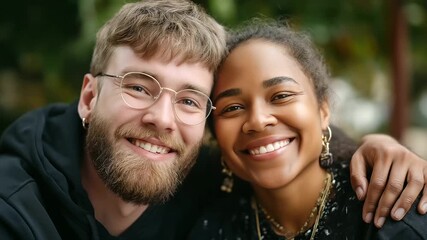 A smiling young Caucasian male in glasses with a beard, part of an interracial couple, enjoying a sunset outdoors, diversity, inclusivity, interracial couples, plus-size models, su - Powered by Adobe