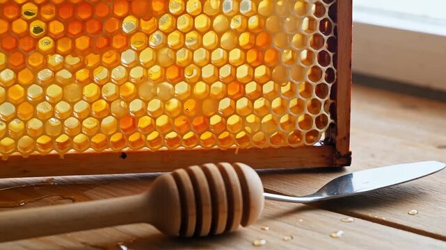 Close up shot of a natural honey comb in a wooden frame with a wooden honey dipper and metal knife on a wooden table