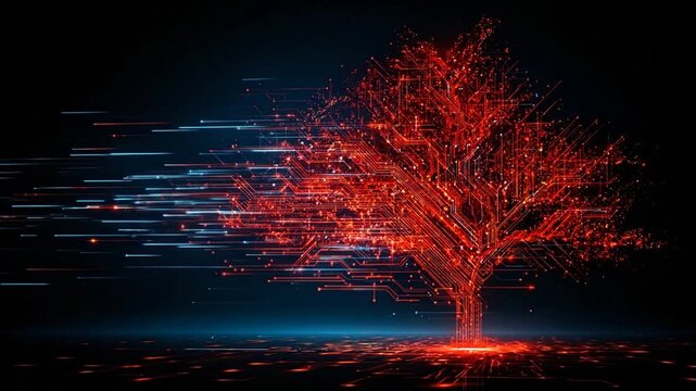 Digital tree with data flow abstract concept of technology and nature