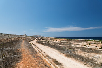 Deserted coastal road along Malta’s Pembroke shore with calm sea in the distance. Great for travel, adventure, or nature design projects.