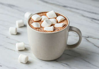 A cozy ceramic mug filled with rich hot chocolate topped with fluffy marshmallows, placed on a clean white marble surface