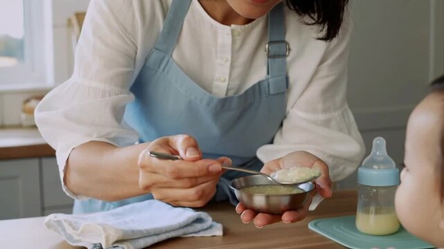 Mother feeding baby with spoon in kitchen