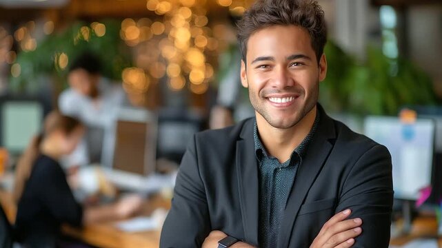 A confident young businessman or data analyst from a multiracial background in a modern tech office, diversity, inclusivity, interracial couples, plus-size models, tech professiona
