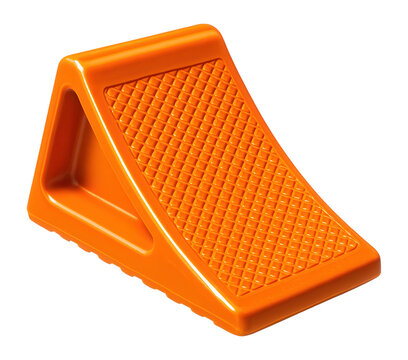 Compact plastic chock in a high-visibility color for vehicle maintenance areas.