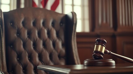 Courtroom concept. Elegant courtroom setting with a gavel and judge chair, showcasing justice and legal authority in a professional environment