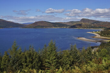 Obraz premium The Isle of Skye (left), The Kyle RheaStrait and Glenelg Bay, Kyle of Lochalsh, Ross-shire, Scotland, UK