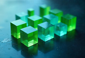 Glowing green cubes creating wet abstract geometric pattern