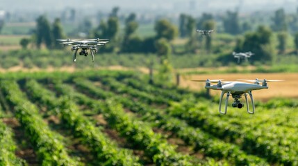 Drones are actively flying above a lush vineyard gathering data on plant health and growth. The scene showcases advanced technology used in agriculture during the day.