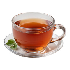 Transparent Tea Cup with Hot Brewed Beverage and Leaf Garnish