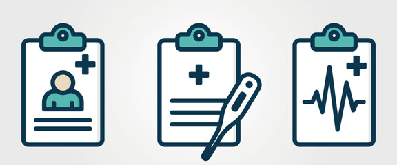 Patient report card icons. Medical history and health care symbols. Isolated vector color images
